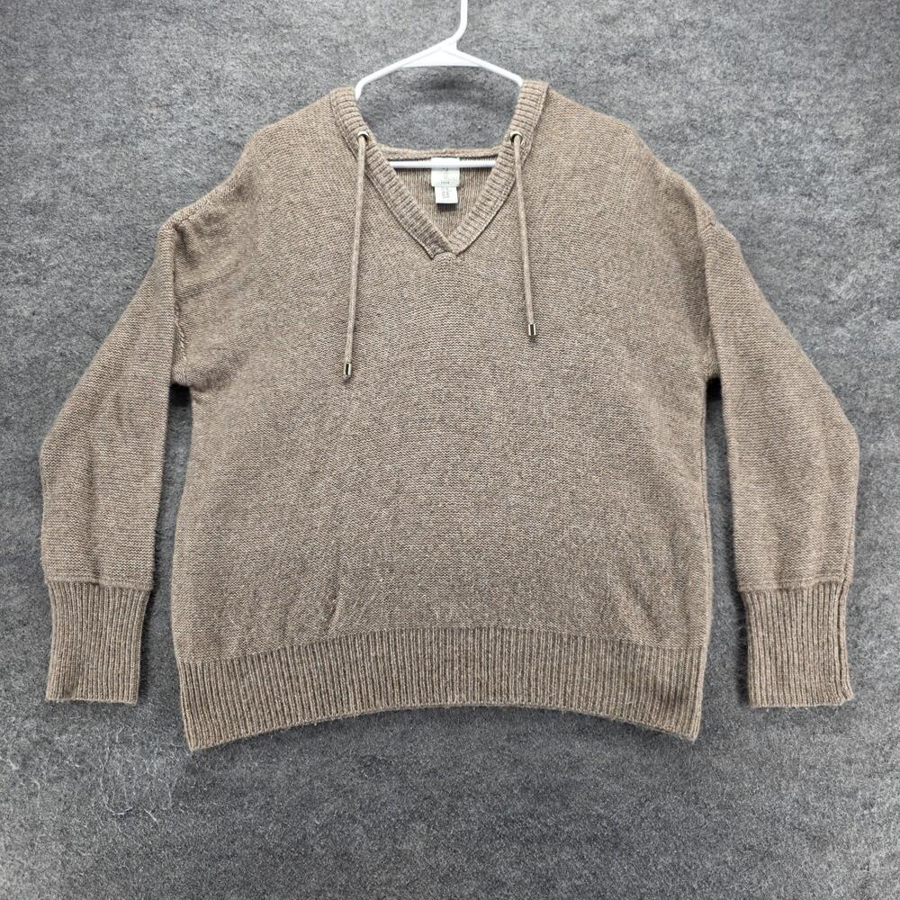 Joie Sweater Pullover Womens M Beige V-Neck Hooded Chunky-Knit Relaxed Fit